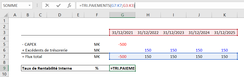 LE calcul du TRI paiement sur Excel