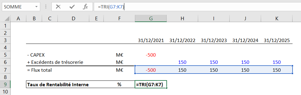 Photo du calcul du TRI sur Excel